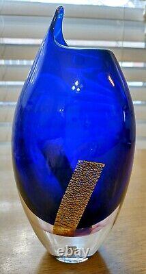 Handmade Crystal Vase, Cobalt Blue with Gold-flecked Stripes On Each Side, Sweden