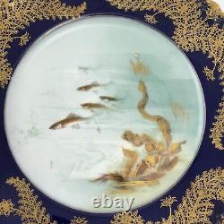 Haviland Limoges French Signed L Martin Cobalt Blue & Gold 8.5 Fish Plates