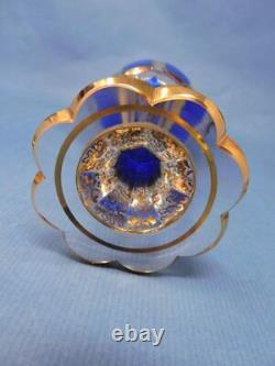 Heavy Bohemian Moser-Style Glass Wine Goblet, Clear, Cobalt Blue Cabochon & Gold