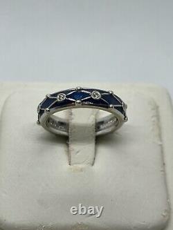 Hidalgo 18k white gold diamond cobalt dark blue enamel band ring bead 6.5g net