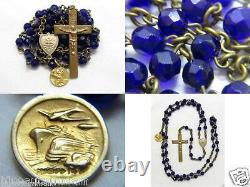 Htf Antique Marked 14k Yellow Gold Medal Charm & Cobalt Blue Rosary Necklace