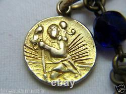 Htf Antique Marked 14k Yellow Gold Medal Charm & Cobalt Blue Rosary Necklace
