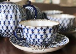 Imperial porcelain tea set for 6 persons. Cobalt net. Gold. Lomonosov