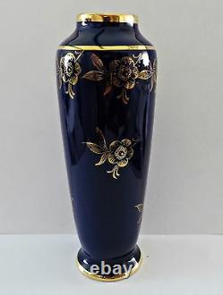 LIMOGES CHASTAGNER Vase Pair Cobalt Blue 24K Gold Trim Porcelain France 6 Vtg