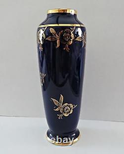 LIMOGES CHASTAGNER Vase Pair Cobalt Blue 24K Gold Trim Porcelain France 6 Vtg