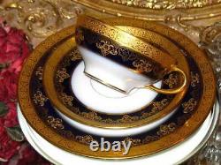 LIMOGES COBALT & GOLD RAISED ETCHED TEA Cup and Saucer PLATE TRIO