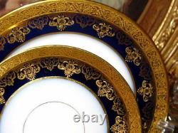 LIMOGES COBALT & GOLD RAISED ETCHED TEA Cup and Saucer PLATE TRIO