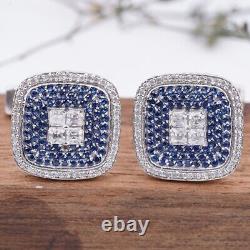 Lab Created Blue Sapphire Diamond Men's Halo Cufflink in 14k White Gold Plated