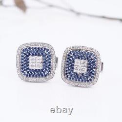 Lab Created Blue Sapphire Diamond Men's Halo Cufflink in 14k White Gold Plated