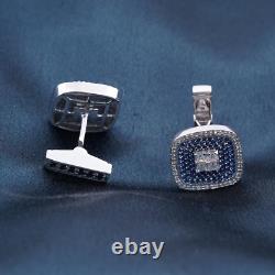 Lab Created Blue Sapphire Diamond Men's Halo Cufflink in 14k White Gold Plated