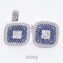 Lab Created Blue Sapphire Diamond Men's Halo Cufflink in 14k White Gold Plated