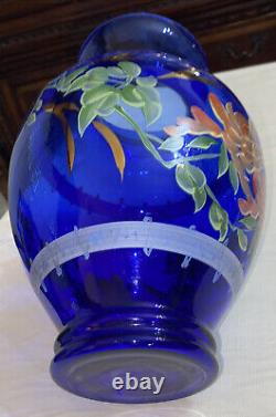 Large Vintage Cobalt Blue Arabic Glass Vase, Hand Painted Flowers with Gold Accent