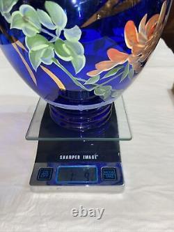 Large Vintage Cobalt Blue Arabic Glass Vase, Hand Painted Flowers with Gold Accent