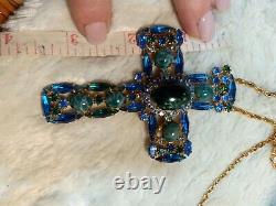 Large Vtg JULIANA D&E Cobalt Blue Green Glass Cross Brooch Pendant 3 1/2