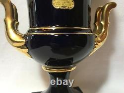 Lindner Kueps Echt Cobalt Blue German Bavaria Porcelain Vase-Urn-Gold Trim-Pair