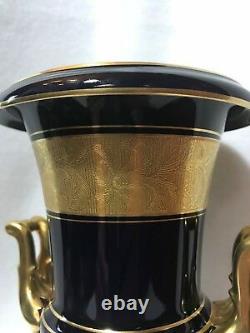 Lindner Kueps Echt Cobalt Blue German Bavaria Porcelain Vase-Urns Gold Trim-Pair