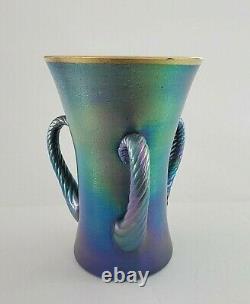 Loetz Vase in Cobalt Silberiris with Applied Handles and Gold Gilt Rim