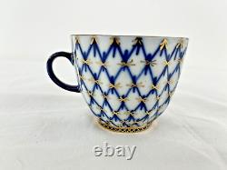 Lomonosov Russian 22K Gold Blue Tulip Cobalt Net Tea Cup, Saucer, Dessert Plate