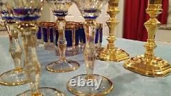 Lot Of 14 Moser Egermann Cobalt Blue Gold Bar Water Wine Bohemian Glasses Set
