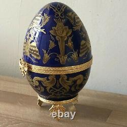 Lovely Faberge Cobalt Blue & Gold Limoges Imperial Czarevich Egg