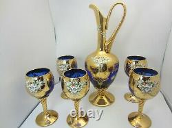 MURANO Venice Italy Blue Glass Decanter Set 5 Wine Glasses 24kt Gold Leaf