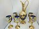 Murano Venice Italy Blue Glass Decanter Set 5 Wine Glasses 24kt Gold Leaf