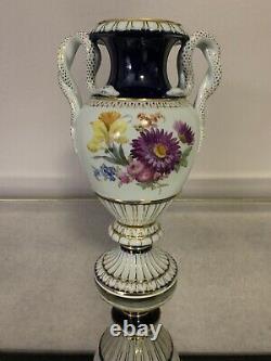 Meissen Hand Painted Porcelain Entwined Snake Handle Large Vase Urn Colbalt Blue