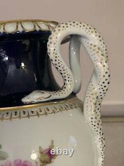 Meissen Hand Painted Porcelain Entwined Snake Handle Large Vase Urn Colbalt Blue