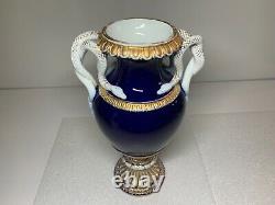Meissen Large Cobalt and Gold Urn Vase with Twin White Snake Handles