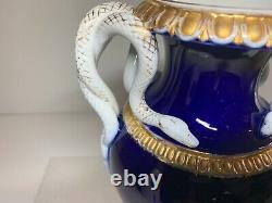Meissen Large Cobalt and Gold Urn Vase with Twin White Snake Handles