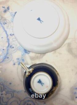 Meissen Porcelain Antique Cobalt Blue & Gold Flower Pattern Mocha Cup & Saucer