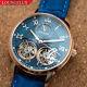 Mens Double Flywheel Automatic Mechanical Watch Rose Gold Blue Dial Blue Leather