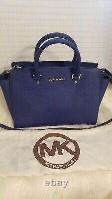 Michael Kors Selma Cobalt Blue Leather Handbag PurseGoldZipperBeautifulClean