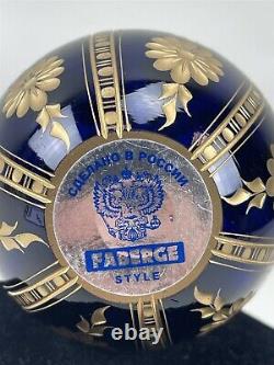 Modern Cobalt Blue Gold Cut Crystal Fabrege Imperial Glass Egg Russian Made