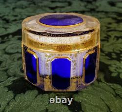 Moser 1900's Cotton Pad-Trinket Lidded Dish Cobalt Blue & Gold Paneled Art Glass
