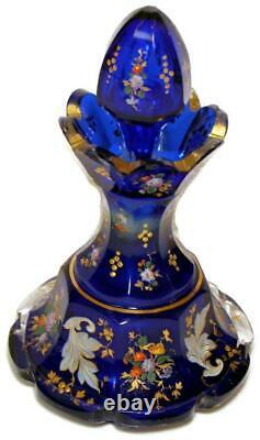 Moser Cobalt Blue Faceted Glass Perfume Bottle All over Gold & Floral Enameling