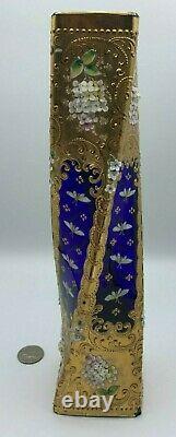 Moser Glass Vase Twisted Heavy Enameled Flowers Gilt Gold Cobalt Blue Butterfly