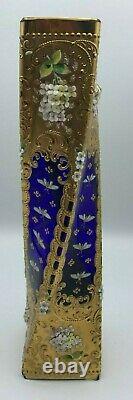 Moser Glass Vase Twisted Heavy Enameled Flowers Gilt Gold Cobalt Blue Butterfly