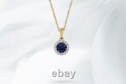 Natural Blue Sapphire & Diamond Pendant 14k Solid Gold Halo Pendant Gift for Her