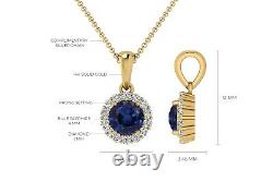 Natural Blue Sapphire & Diamond Pendant 14k Solid Gold Halo Pendant Gift for Her