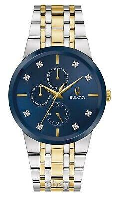 New Bulova Men's Quartz Day Date Diamond Accent Silver Gold Watch 40MM 98D180