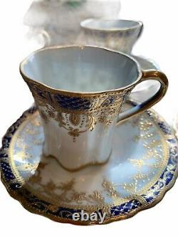Nippon Handpainted Cobalt Blue/Gold Foil 13 Pc Chocolate/Tea Set 6 Cups/5 Saucer