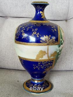 Nippon Orchid Flower Vase Hand Painted Heavy Raised Beaded Gold Cobalt Blue Rare