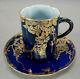 Nippon Raised Gold White Enamel Butterfly & Leaves Cobalt Chocolate Cup & Saucer