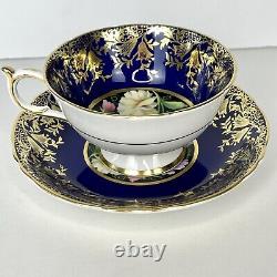 Numbered Paragon Hand Painted SWEET PEAS floral GOLD COBALT BLUE Teacup & Saucer