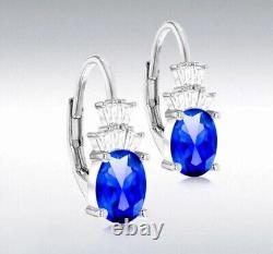 Oval Cut Simulated Blue Sapphire Pretty Drop Earrings In 14k White Gold Plated