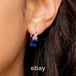 Oval Cut Simulated Blue Sapphire Pretty Drop Earrings In 14k White Gold Plated