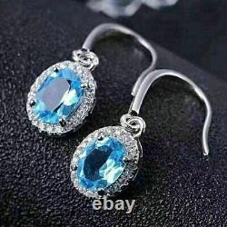 Oval Cut Simulated Blue Topaz Stunning Drop Dangle Earring 14K White Gold Plated