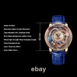 PINDU Men Quartz Watch 46mm Dragon Dial Luxury Wristwatch