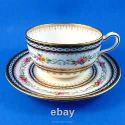 Painted Blue Ribbon with Cobalt Gold Border & Roses Wedgwood Tea Cup & Saucer